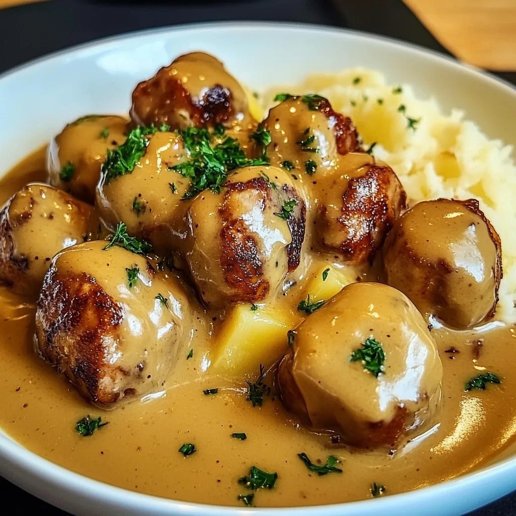 Hackbällchen in cremiger Sauce mit Kartoffelpüree