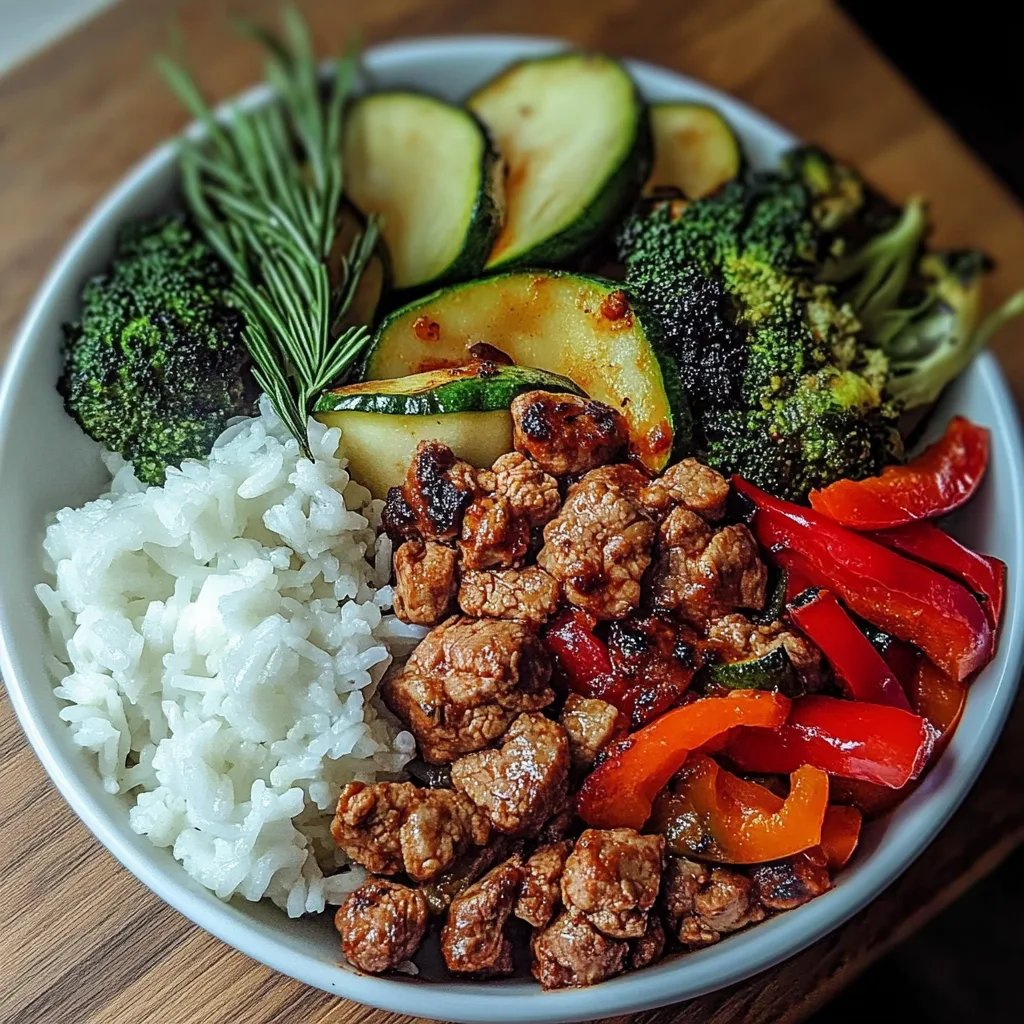 Würzige Rinderhackfleisch-Pfannenschüssel mit Knoblauchgemüse und dampfendem Reis